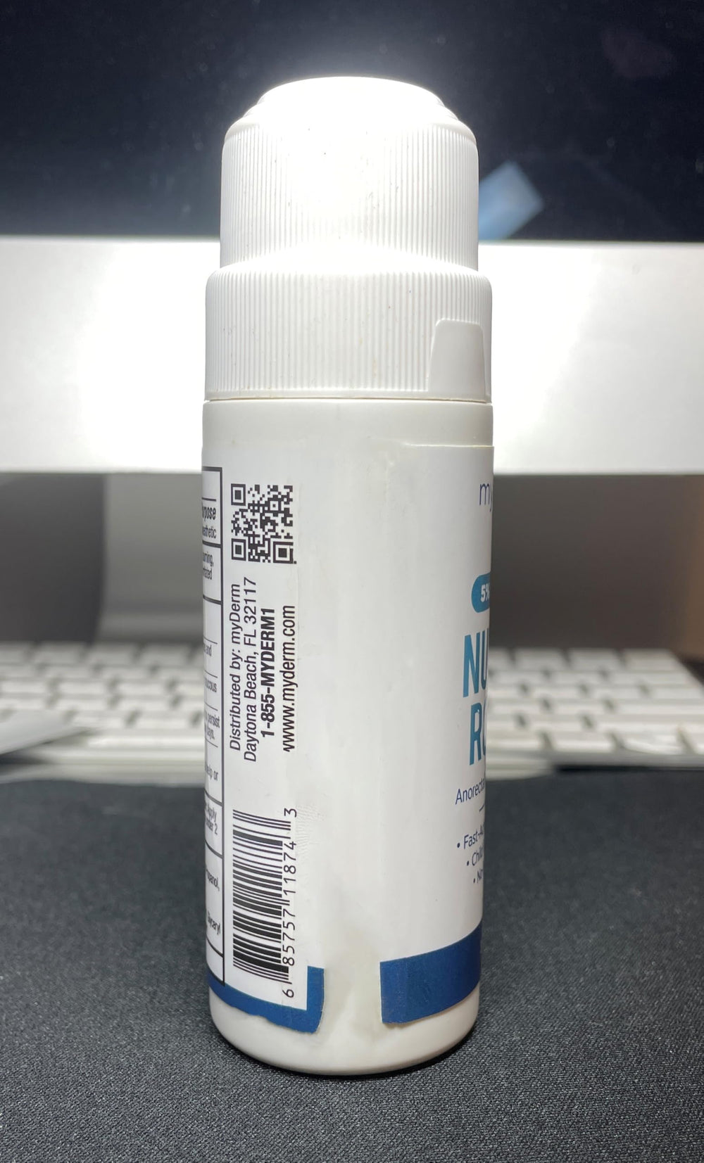 Hygienic touch-free application demonstrated with Myderm roll-on.
