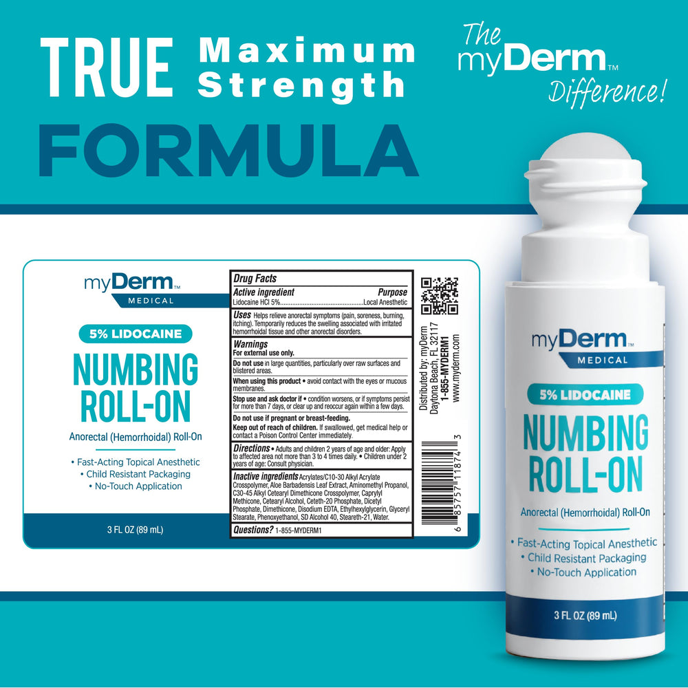 Myderm Medical roll-on application from an angle for easy use.