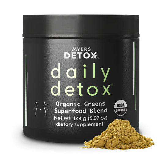 Myers Detox Daily Greens Powder bottle showcasing organic detox mix for daily wellness.
