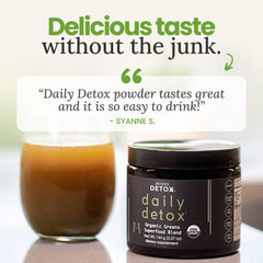 Close-up of organic ingredients in Myers Detox Greens for gut support.