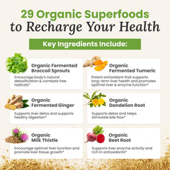 Label detail of Myers Detox Greens highlighting vegan and GMP quality.