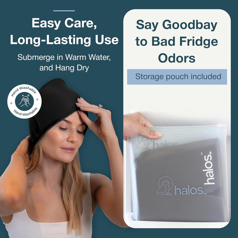 MyHalos Migraine Relief Cap odor-free pouch, keeps cap clean between uses.