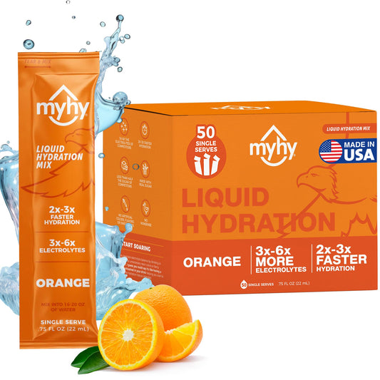 MyHy orange liquid hydration packets ready in a bottle for easy hydration