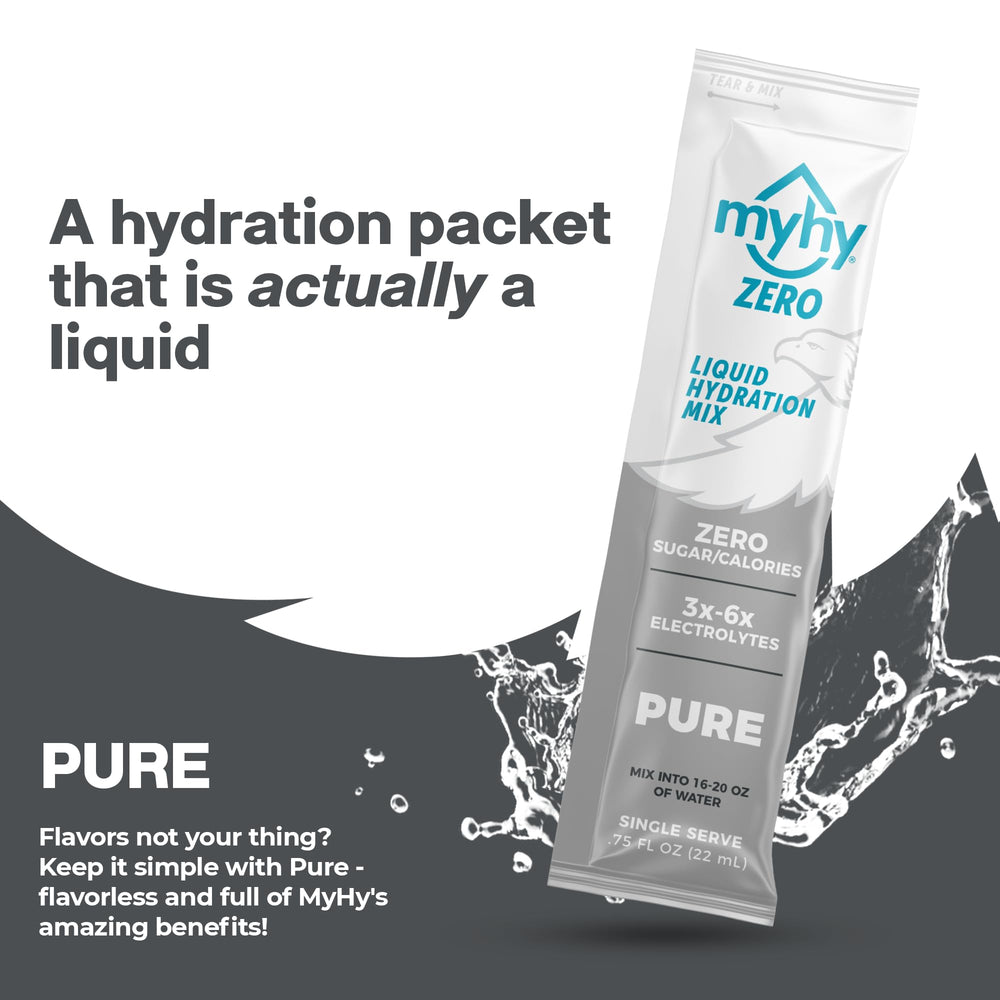 MyHy ZERO packet close-up shows zero-sugar hydration on the go