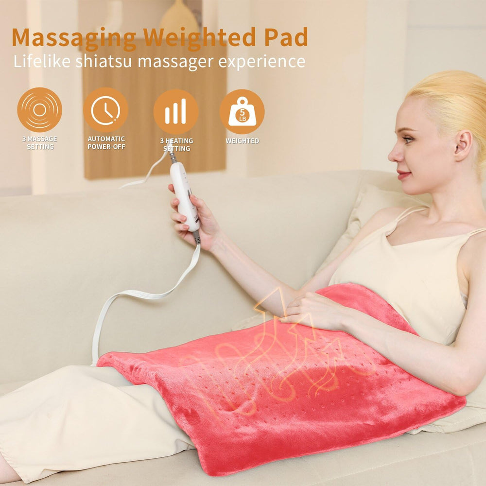 Myiosus grapefruit-red heating pad supports legs and abdomen with soothing warmth.