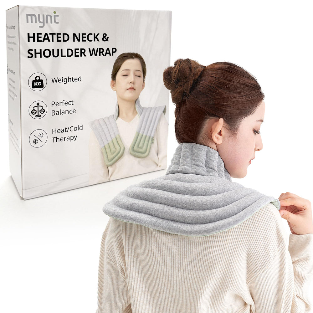 Mynt compartmentalized heated neck wrap ready for soothing warmth.