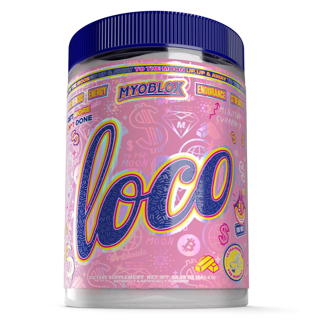 MyoBlox LOCO pre-workout bottle with clear branding for gym use