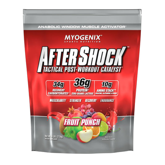 Myogenix Aftershock fruit punch bottle promotes post-workout recovery and muscle growth.