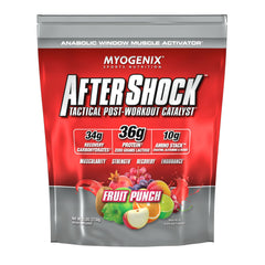 Myogenix Aftershock fruit punch bottle promotes post-workout recovery and muscle growth.