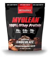 Myogenix Myolean chocolate powder bag for shakes and meals.