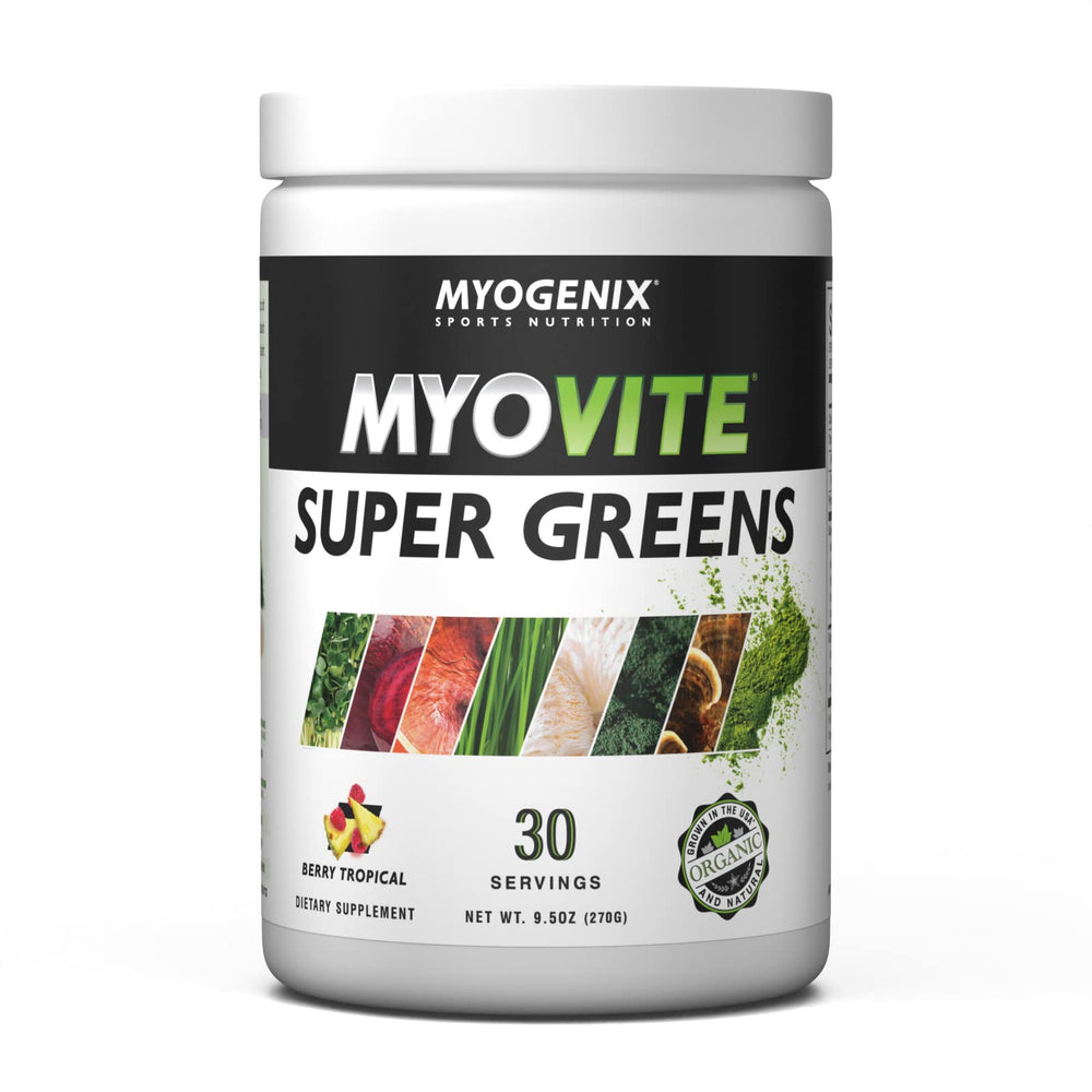 Myogenix MyoVite Super Greens bottle supports daily energy and gut-friendly nutrition.