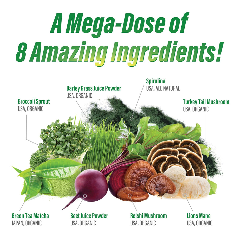Myogenix MyoVite Super Greens spirulina highlights antioxidant-rich greens.