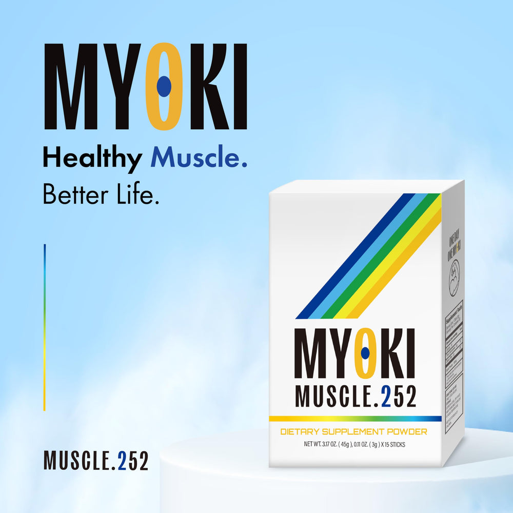 MYOKI stick-pack back view shows nutrition details for daily use.