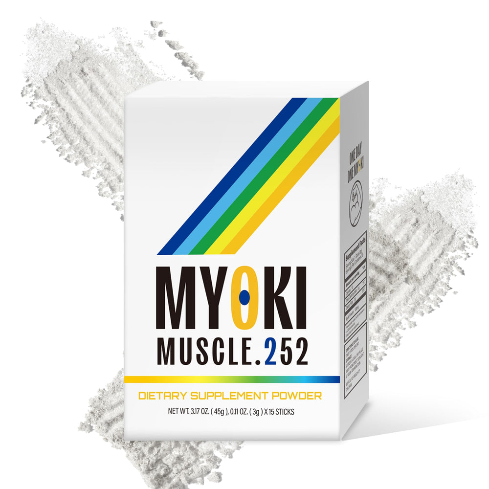 MYOKI muscle-support stick-pack front view for convenient lean muscle maintenance.