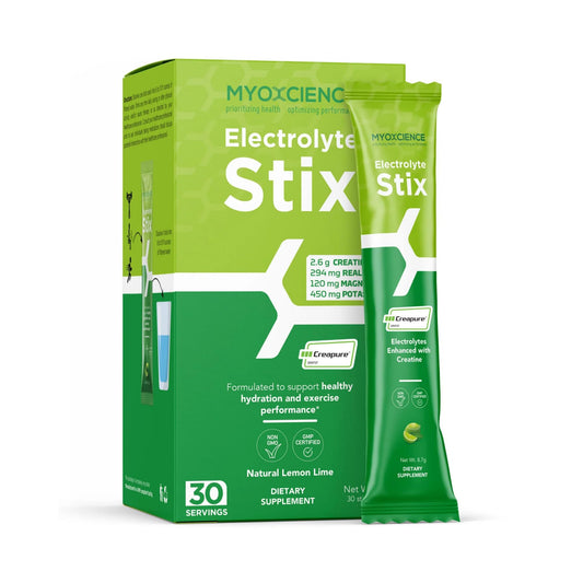 MYOXCIENCE Electrolyte STIX front label shows lemon lime hydration flavor.