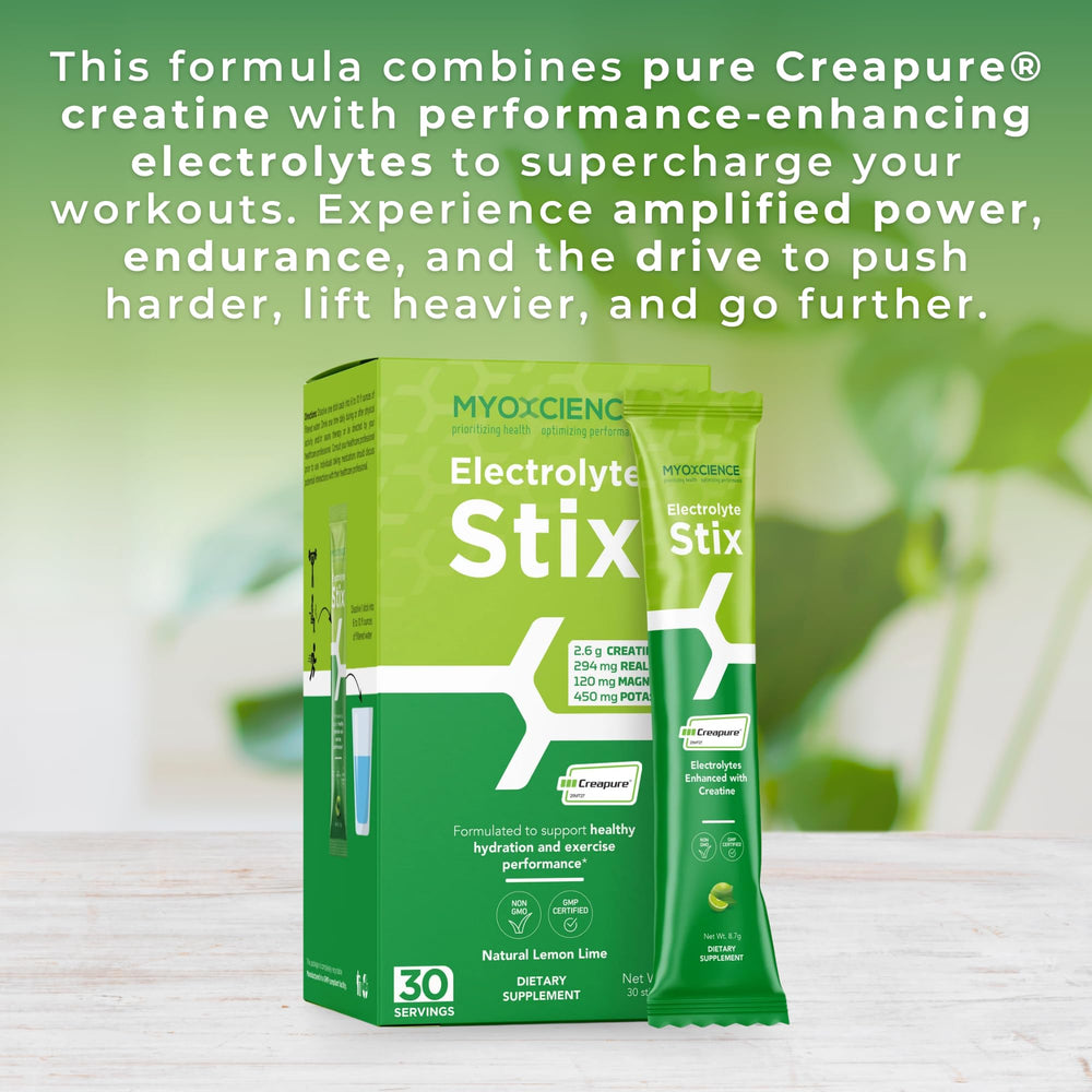 MYOXCIENCE Electrolyte STIX stick-packs ready for on-the-go hydration.