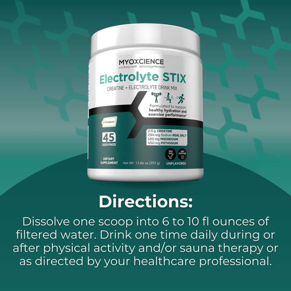 MYOXCIENCE Electrolyte STIX unflavored powder for clean hydration.