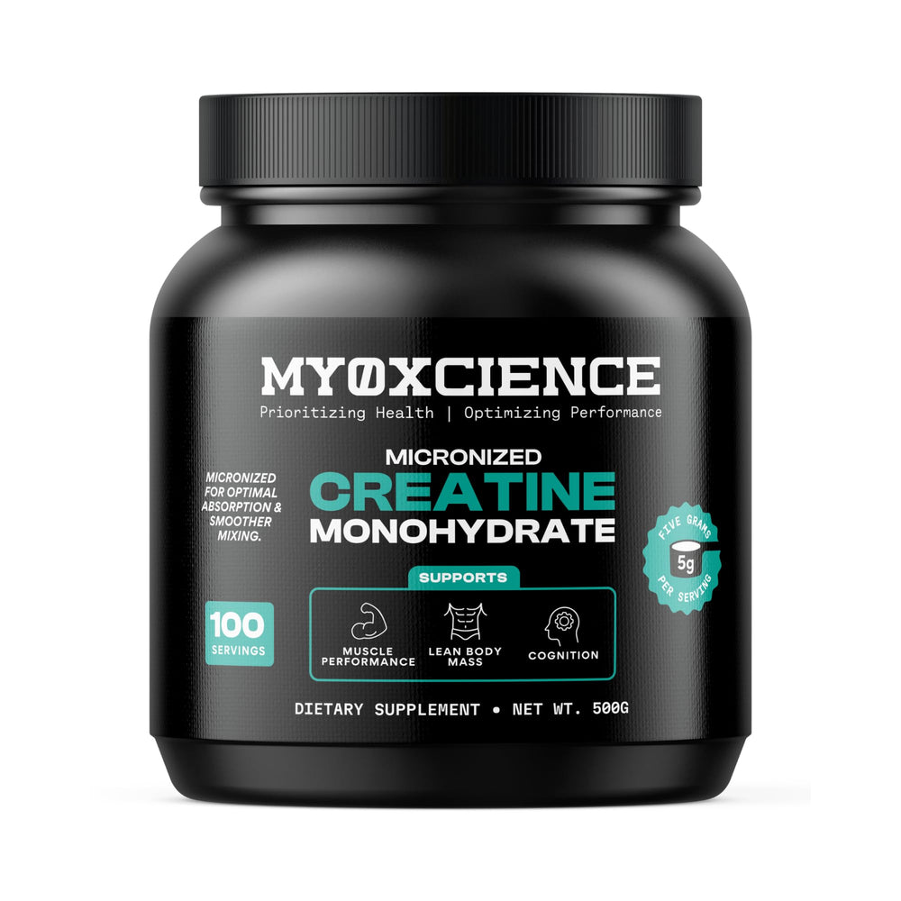 MYOXCIENCE micronized creatine bottle with clear serving information