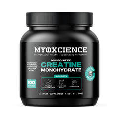 MYOXCIENCE micronized creatine bottle with clear serving information