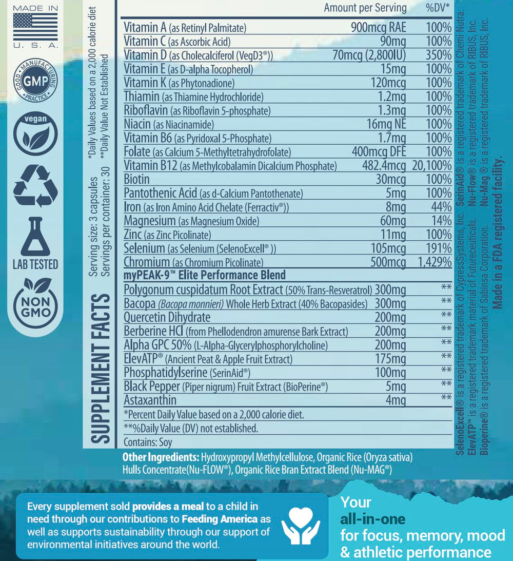 MyPEAK Wellness label close-up highlighting ElevATP vegan formula.