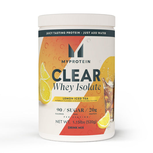 Myprotein Clear Whey Isolate bottle in Lemon Ice Tea flavor for refreshing protein boost