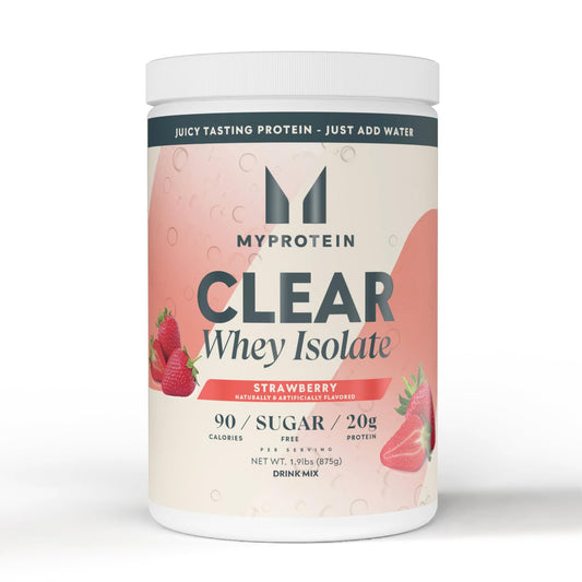 Myprotein Clear Whey Isolate Strawberry bottle offers a refreshing protein drink.