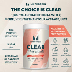 Myprotein Clear Whey Isolate Strawberry label close up highlights nutrition