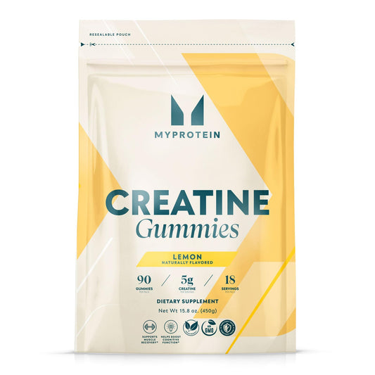 Myprotein Creatine Gummies pack shot showing the 90-count pouch for on-the-go fueling.