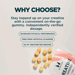 Myprotein Creatine Gummies raspberry pack highlighting travel-friendly design.