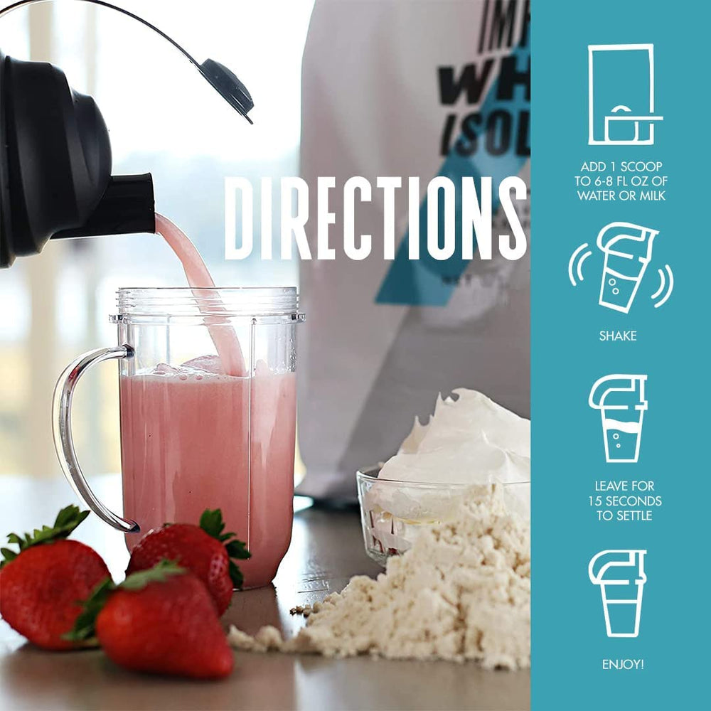Myprotein Impact Whey Isolate Strawberry powder being poured for a shake