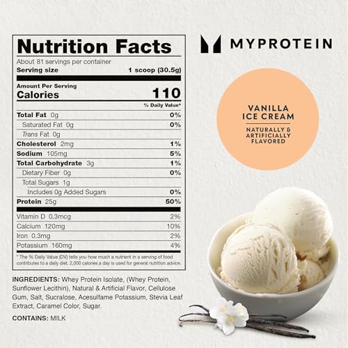 Myprotein Impact Whey Isolate Vanilla tub label highlighting 25g protein per serving