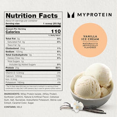 Myprotein Impact Whey Isolate Vanilla tub label highlighting 25g protein per serving