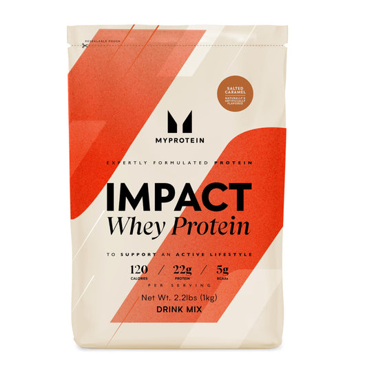 Myprotein Impact Whey Salted Caramel packaging highlights convenient daily protein.