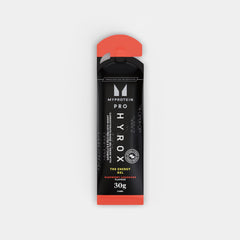 Close-up of Myprotein Pro X HYROX energy gel sachet highlighting 30g carbs.
