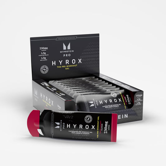 Myprotein Pro x HYROX pre-workout gel pack open for quick energy before training