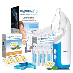 Mypurmist handheld ultrapure steam inhaler in use for quick nasal relief