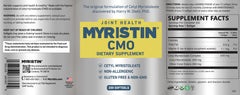 Myristin joint support softgels bottle emphasizes allergen-free, non-GMO daily comfort.