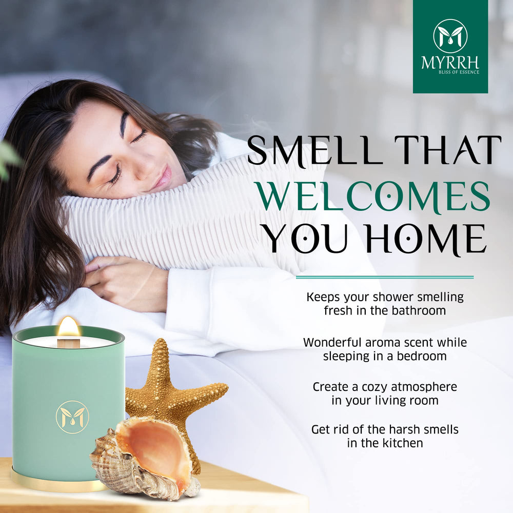 Myrrh Bliss Ocean Breeze candle comes gift-ready packaging.