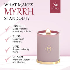 MyrrhBliss candle burning in serene bathroom, up to eighty hours