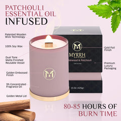 Side view of MyrrhBliss candle on coffee table, room-filling aroma
