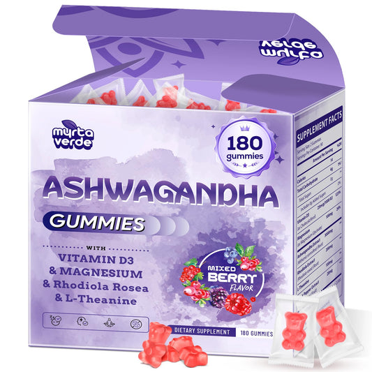 Myrtaverde Ashwagandha Gummies bottle front for daily stress support