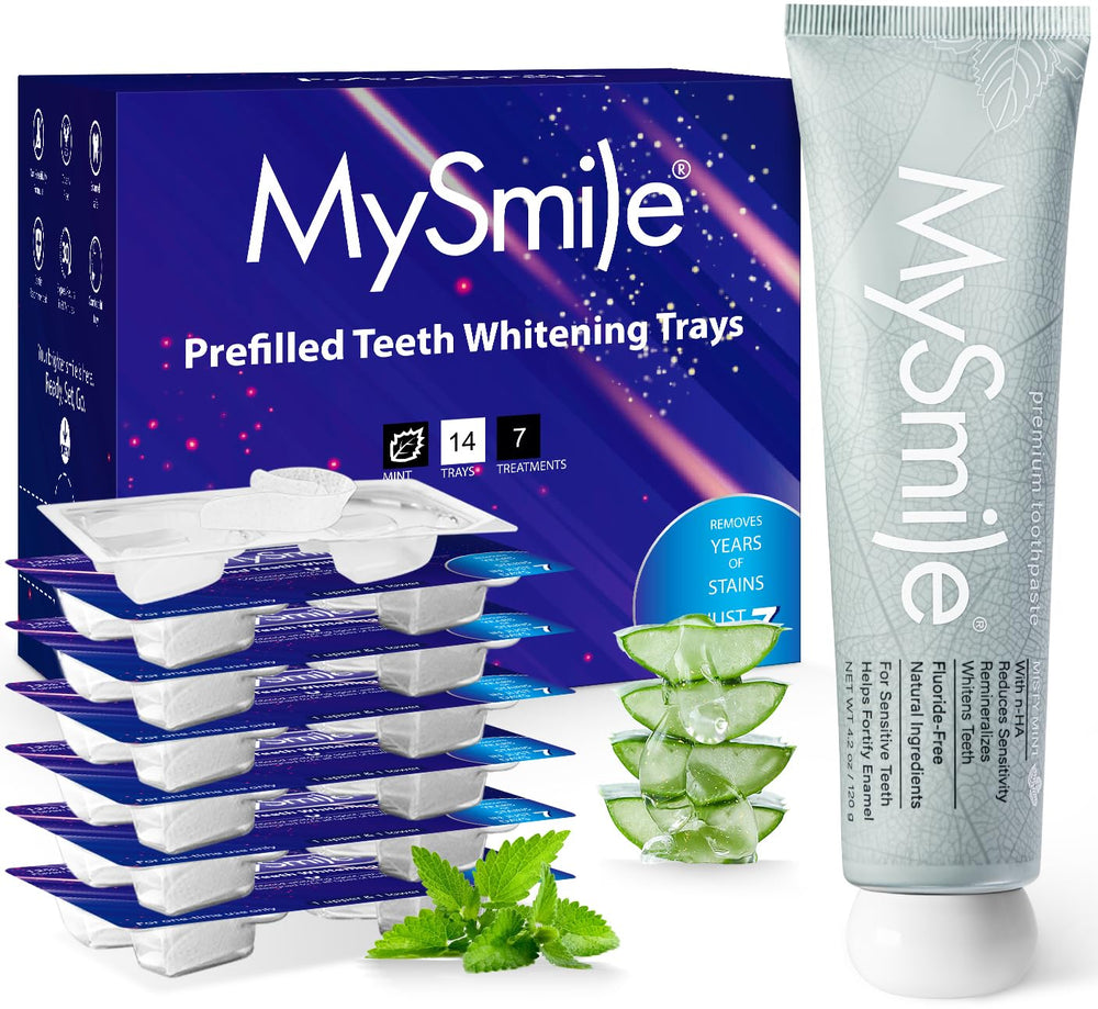 MySmile 7-day whitening trays for upper and lower teeth deliver convenient at-home whitening.