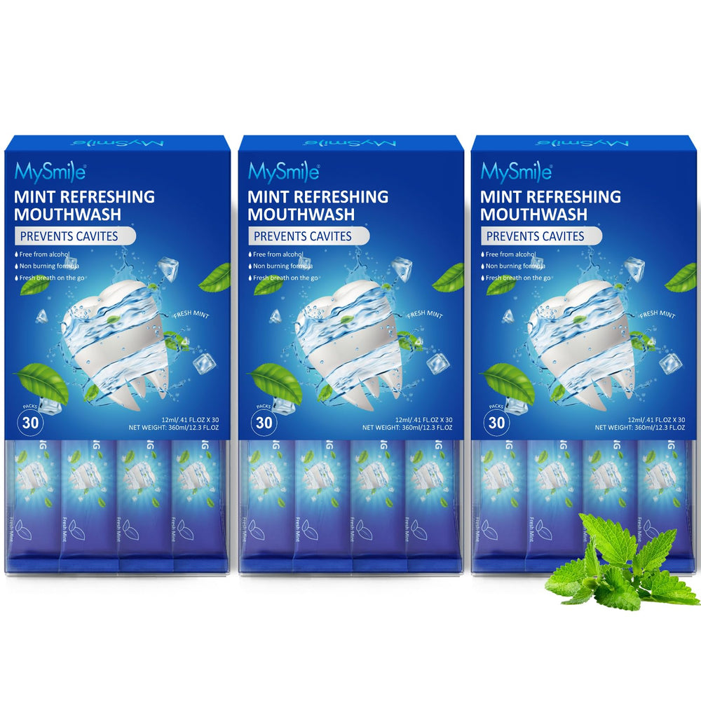 MySmile strip packaging shows 12ml single-use sachets for travel-friendly freshness.