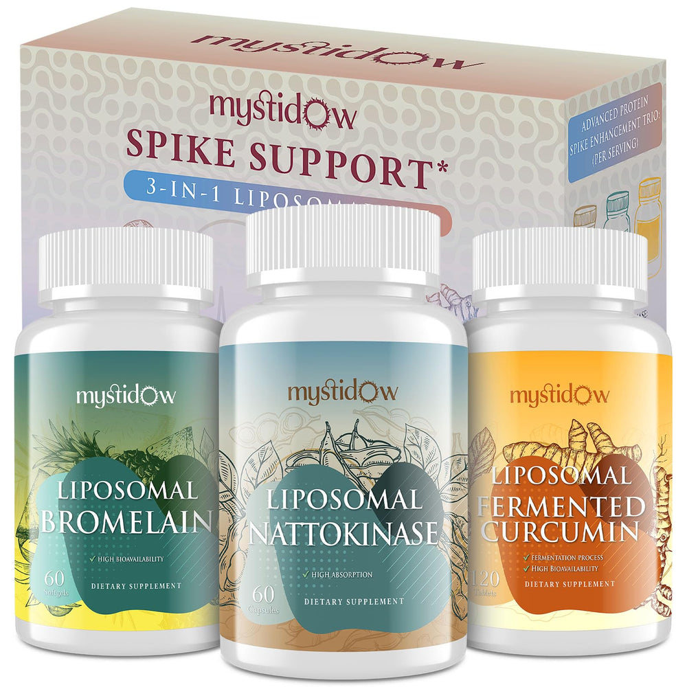 Mystidow Spike Support Trio bottle highlighting liposomal absorption for immune and heart support