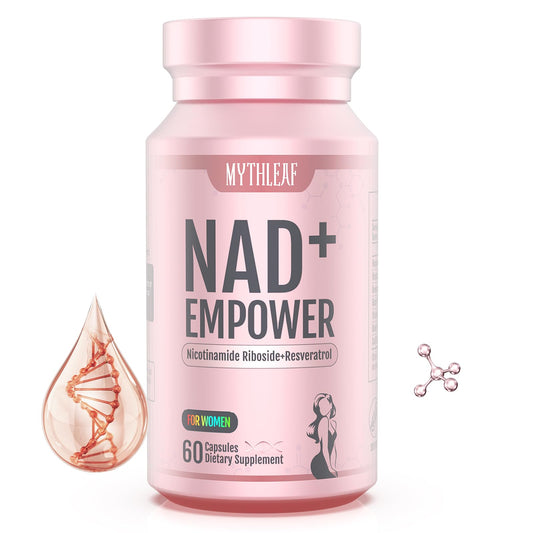 MythLeaf NAD+ for Women bottle pour showing energy support for busy days