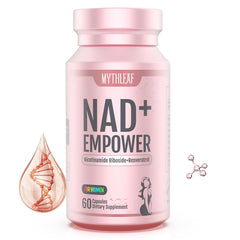 MythLeaf NAD+ for Women bottle pour showing energy support for busy days