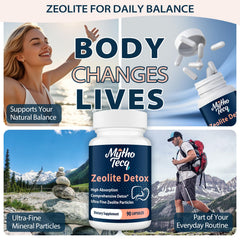 MythoTecq Zeolite Detox dosage card suggests easy 1-2 cap daily use.