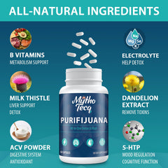 MythoTecq detox bottle label displays a natural herbal blend for liver and digestion support