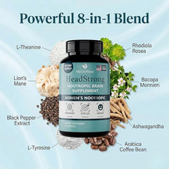 MyUnMess HeadStrong capsules inside bottle highlighting vegan memory-support formula