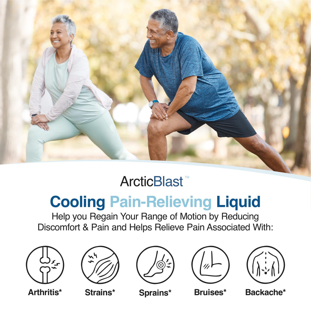 N-Labs Arctic Blast pain drops apply to knee area for targeted relief.
